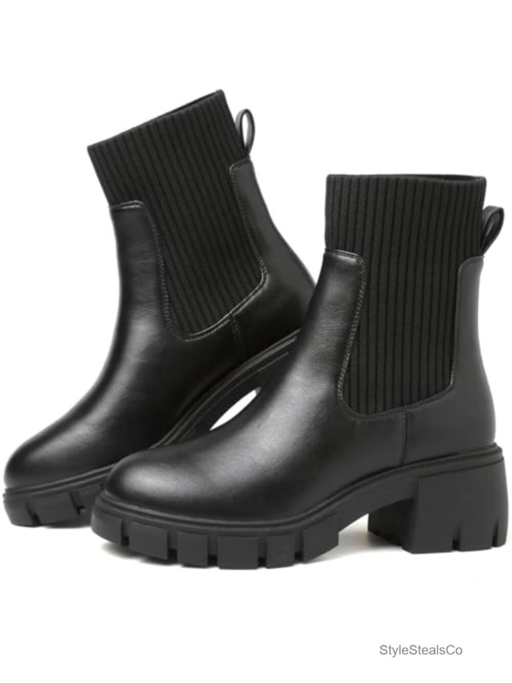 Platform Chelsea Ankle Booties Elastic Slip On Lug Sole PU Leather Fall Boots
